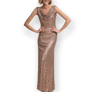 BHLDN Drapey Francia Cowl Neck Allover Sequin 10 | Med Rose Gold Maxi Gown